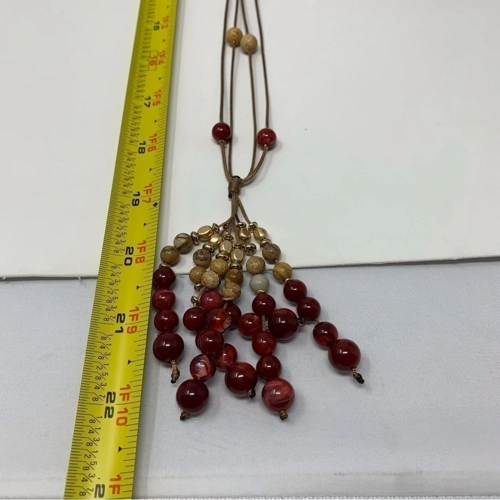 Boho Red and Brown Beaded Tassel Long Necklace